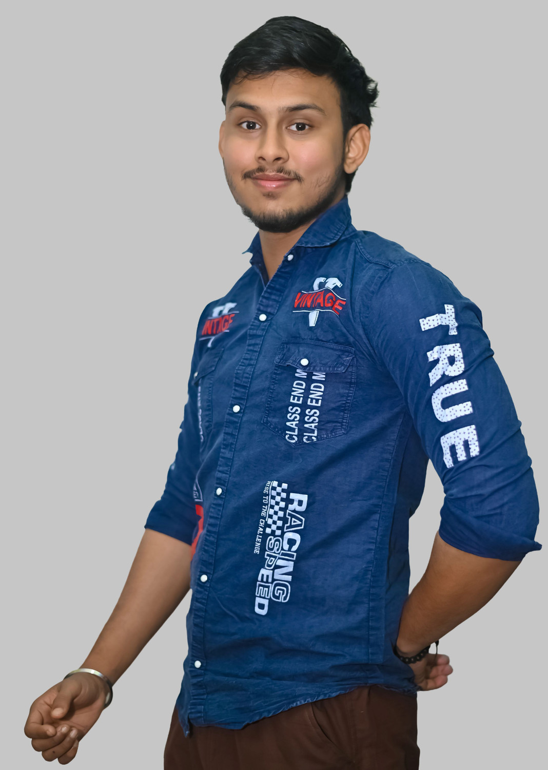 Image of BPTFH Men Printed, Solid Casual Blue Shirt