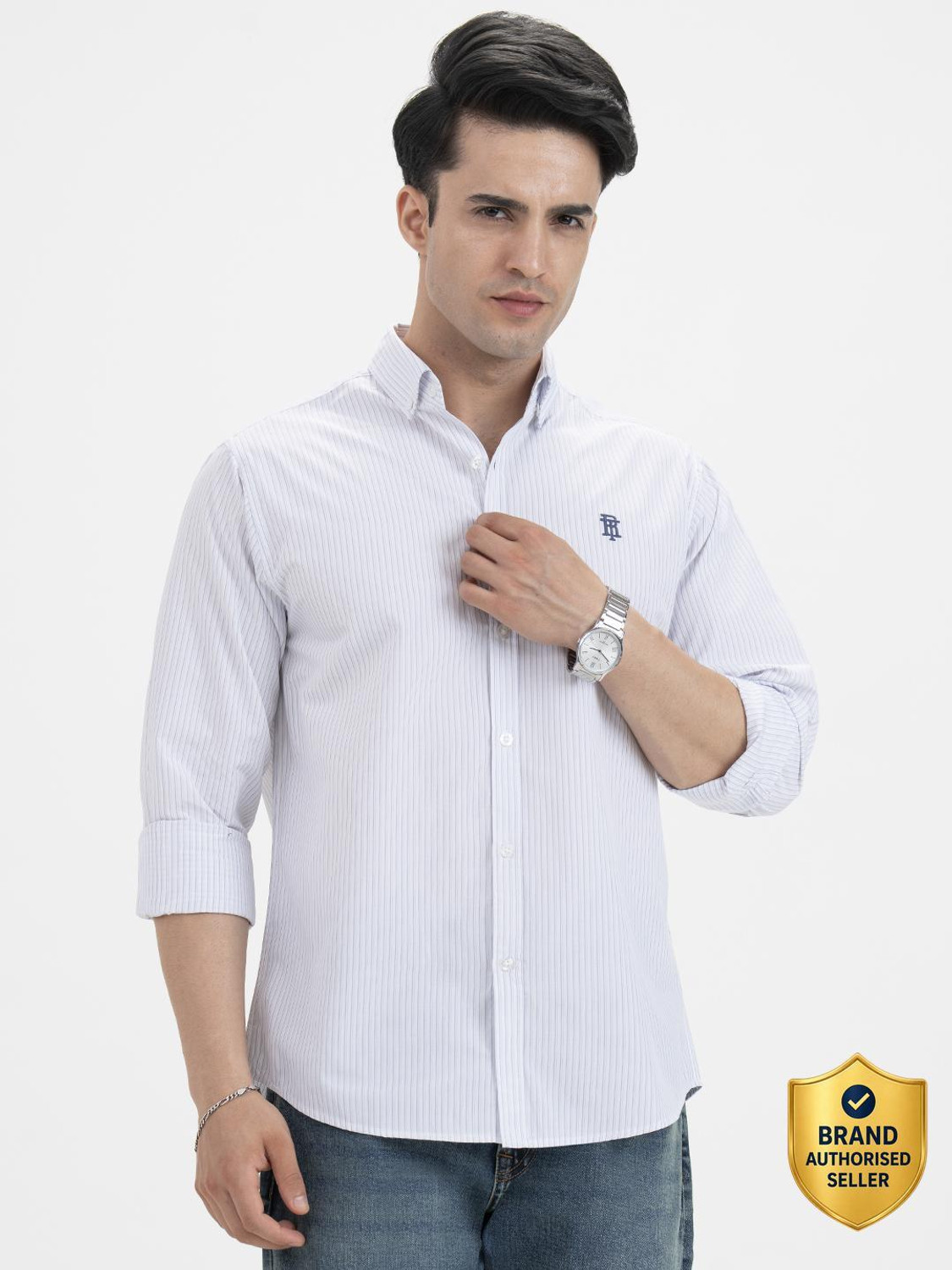 Image of RED TAPE Men Striped Casual White Shirt