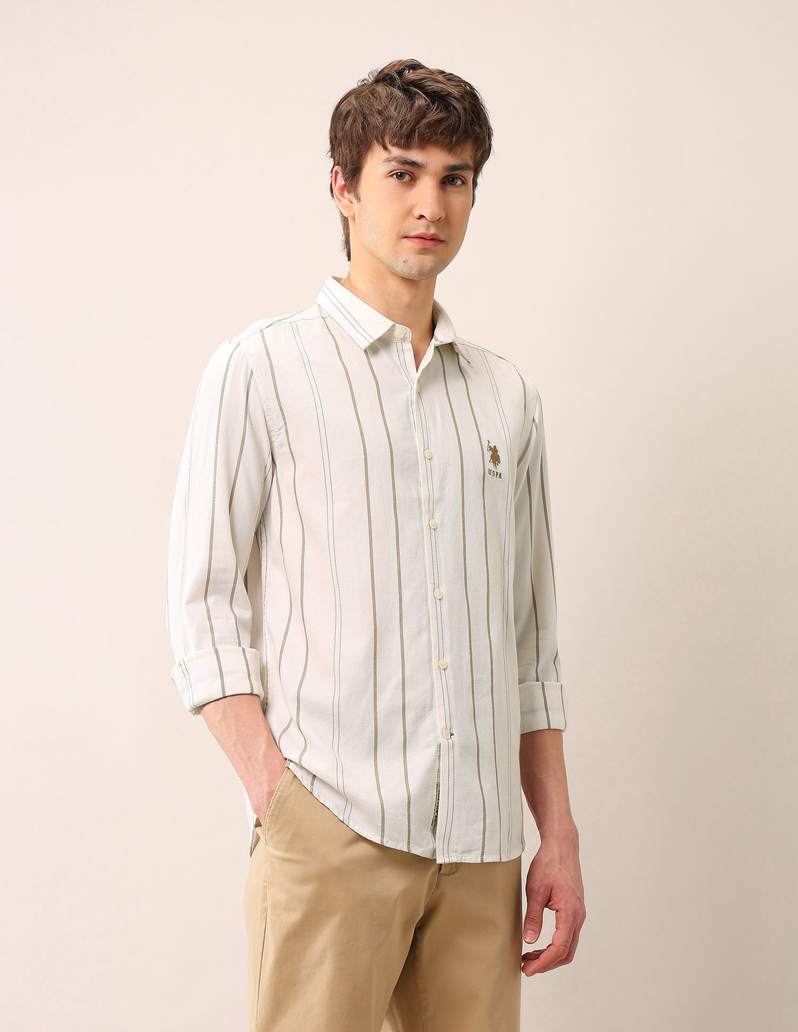 Image of U.S. Polo Assn. Denim Co. Men Striped Casual Beige Shirt