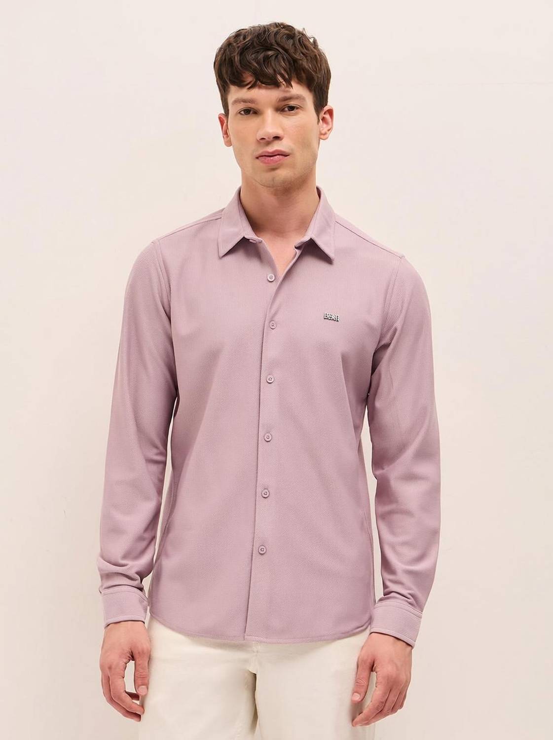 THE BEAR HOUSE Men Solid Casual Pink Shirt