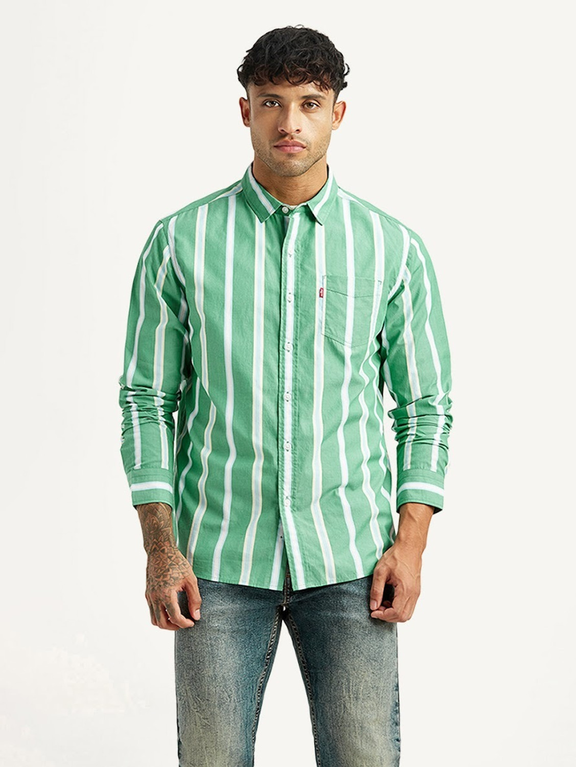 Image of LEVI'S Men Striped Casual Green Shirt