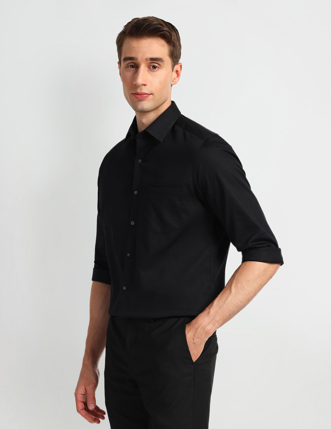 Image of ARROW Men Self Design Formal Black Shirt