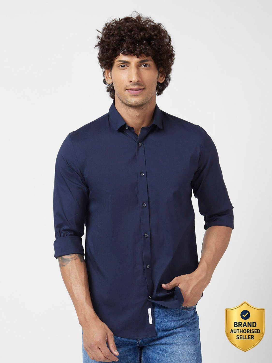 Image of Spykar Men Regular Fit Solid Slim Collar Casual Shirt