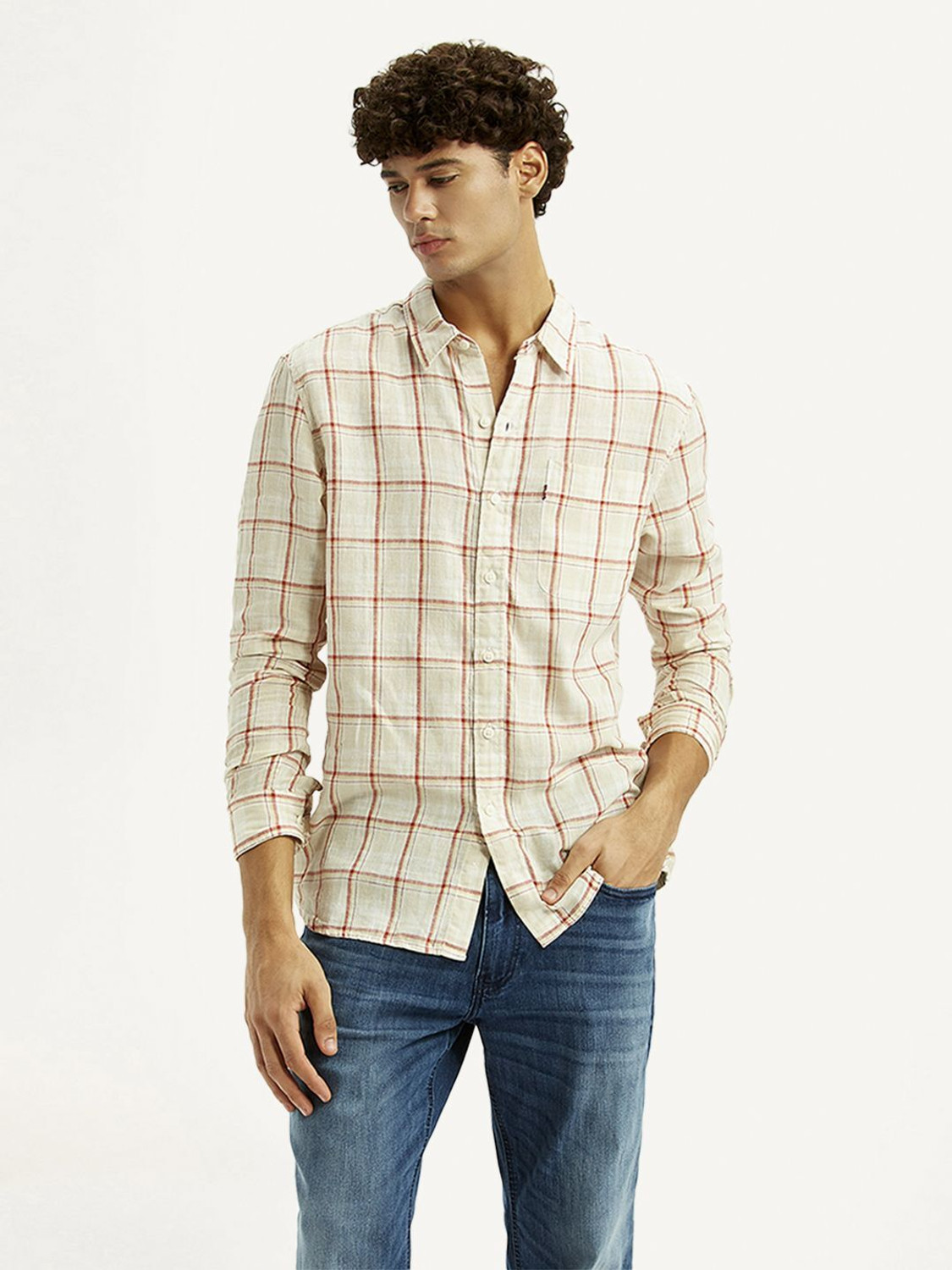 Image of LEVI'S Men Checkered Casual Beige Shirt