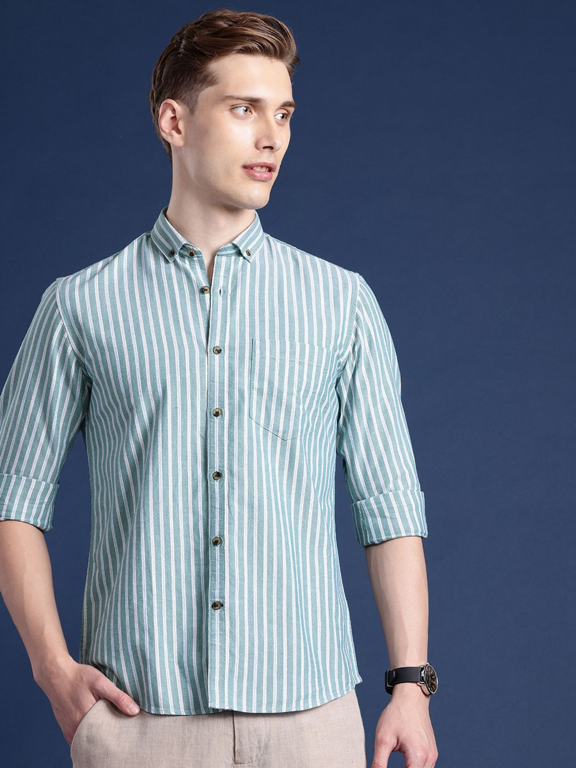 Image of Mast & Harbour Men Striped Casual Green Shirt
