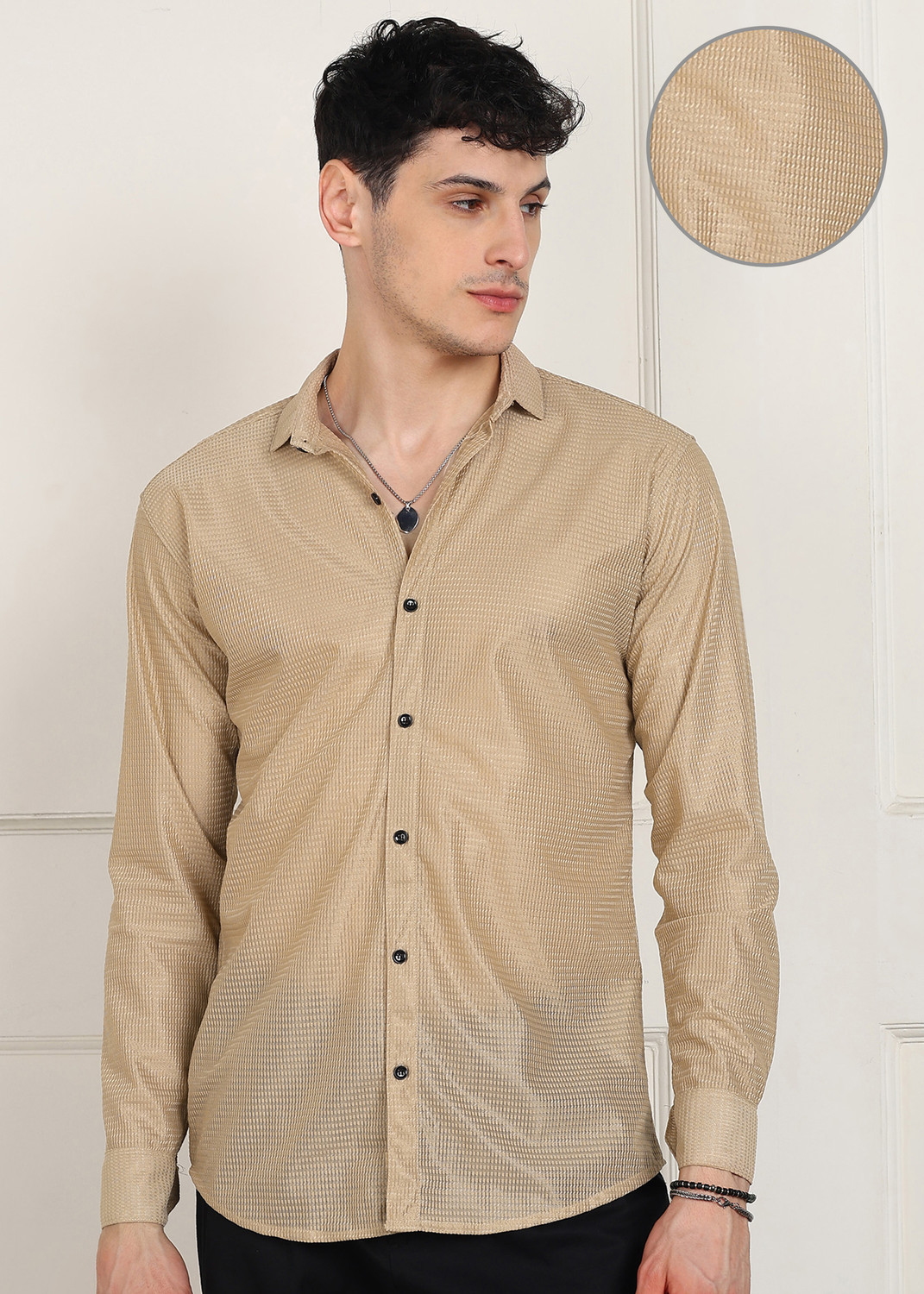 Image of GLOREN Men Solid Casual Beige Shirt