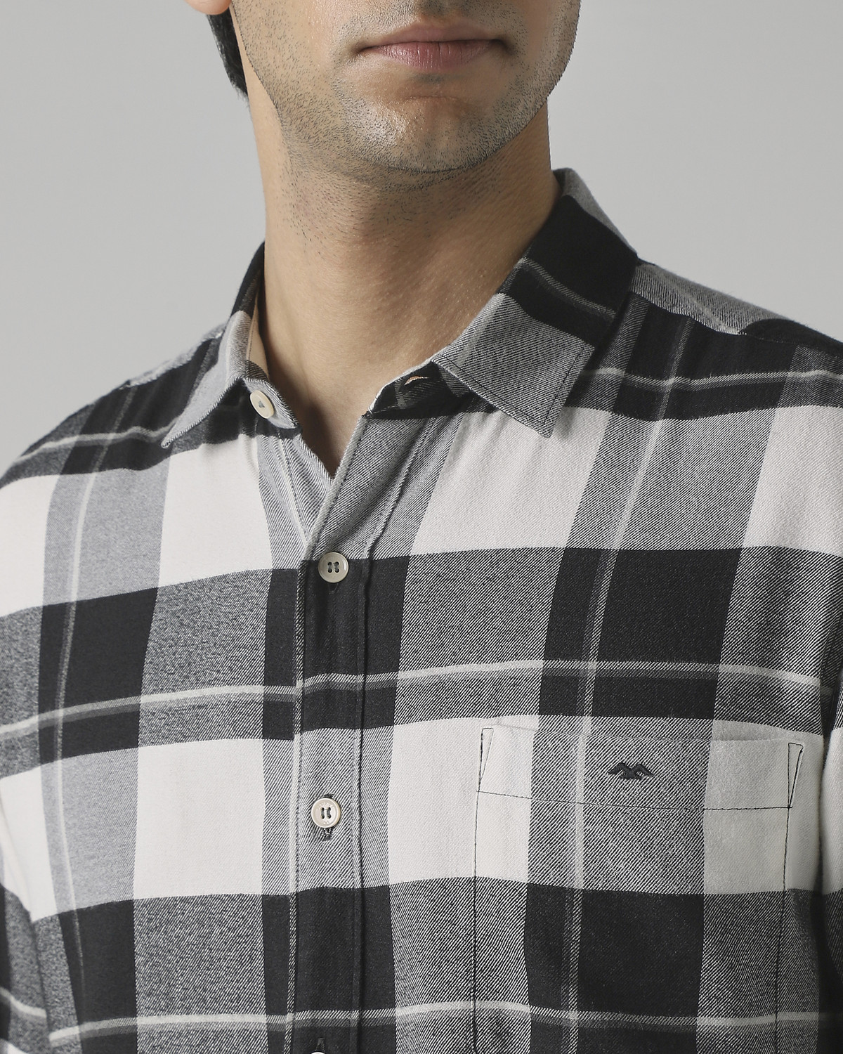 Image of MUFTI Men Checkered Casual Grey Shirt