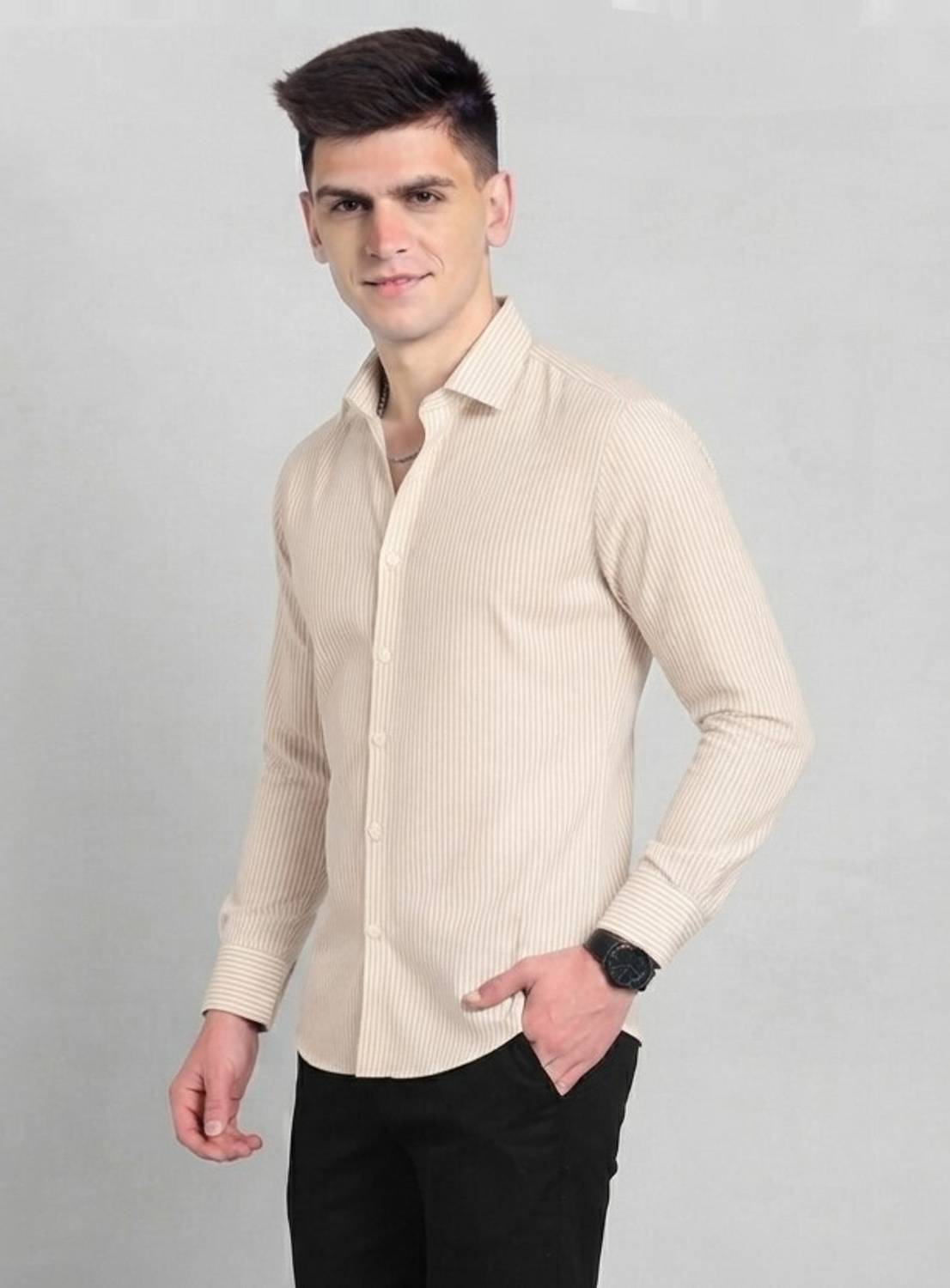 COMBRAIDED Men Striped Casual Beige Shirt - Image 5