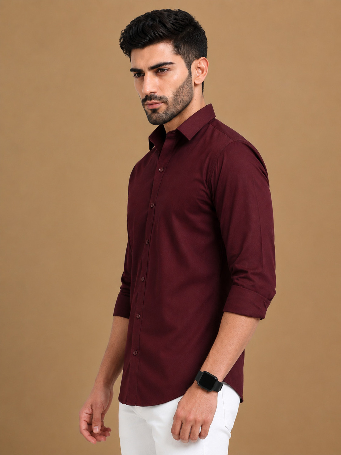 Image of GLOBAL NOMAD Men Solid Casual Maroon Shirt