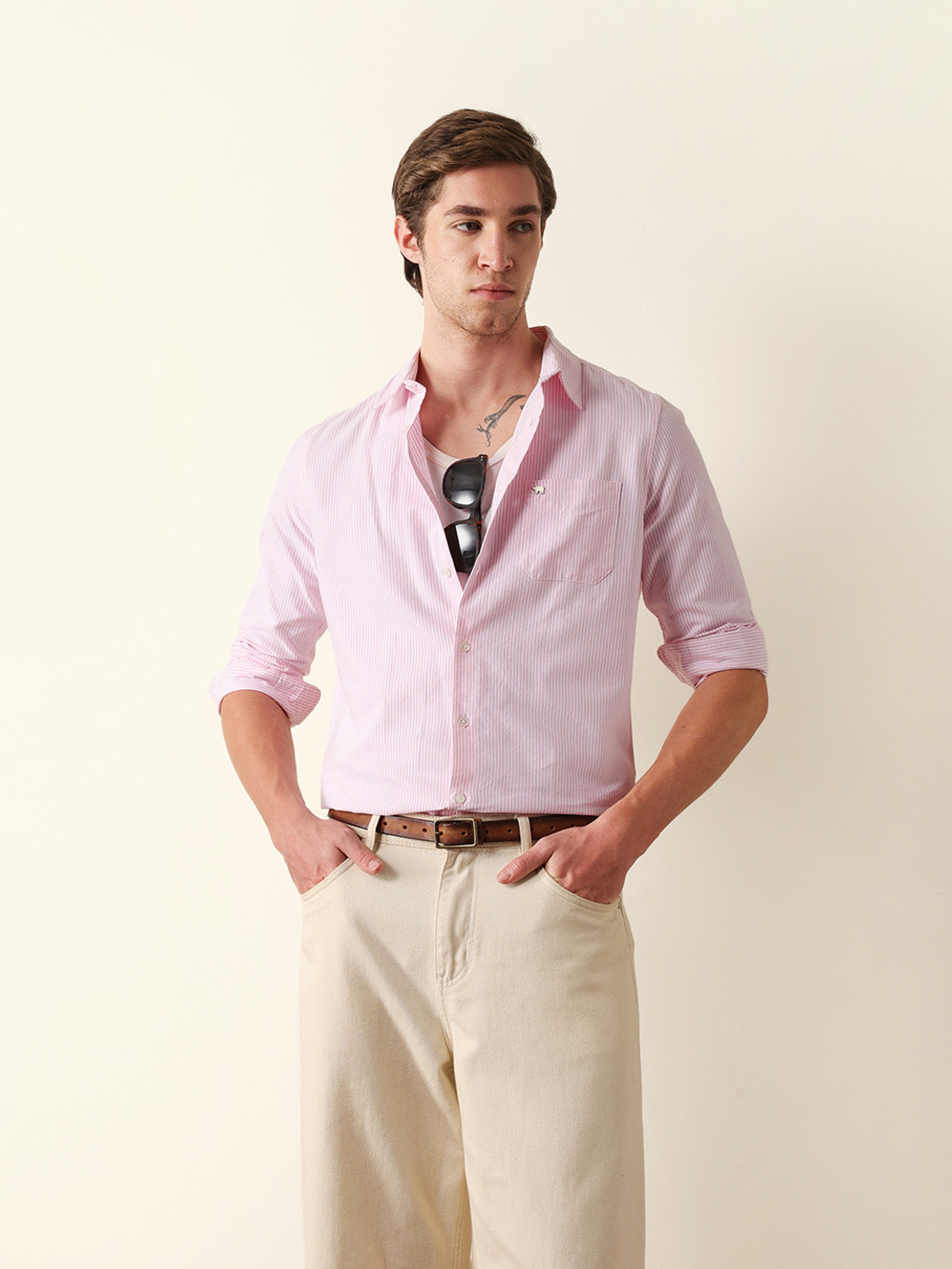 Image of THE BEAR HOUSE Men Striped Casual Pink Shirt