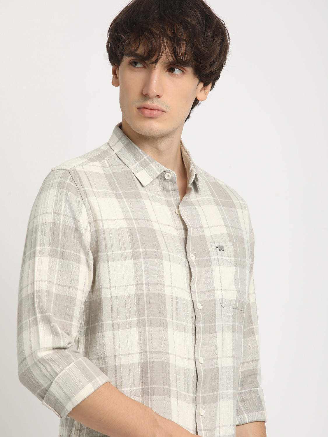 Image of THE BEAR HOUSE Men Checkered Casual Grey Shirt