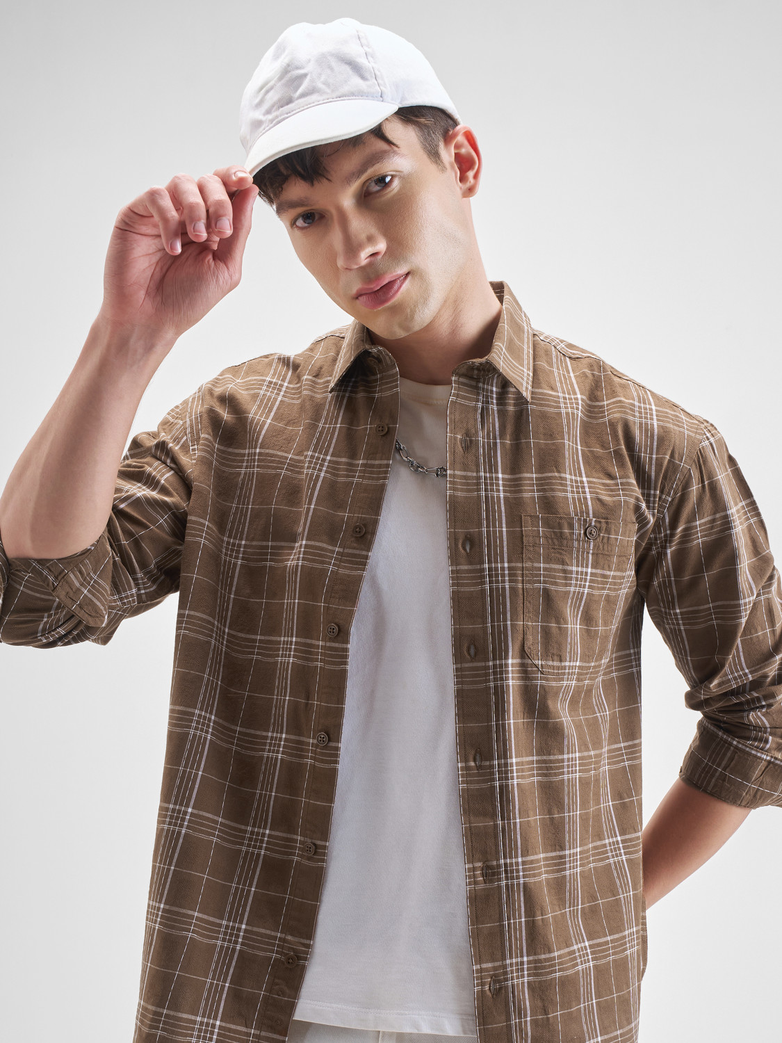 Image of HIGHLANDER Men Checkered Casual Brown Shirt