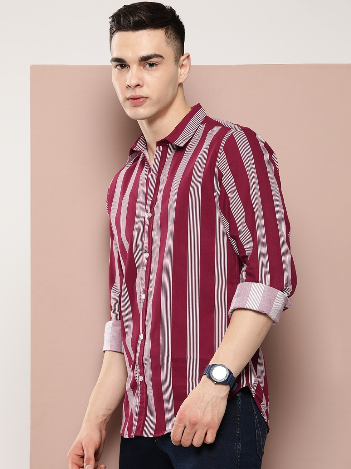 Image of RODEIZ Men Striped Casual Maroon, White Shirt