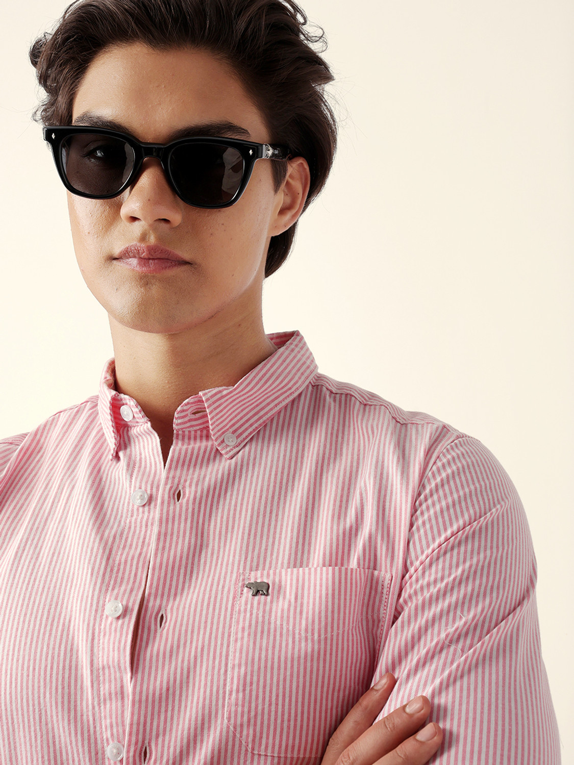 Image of THE BEAR HOUSE Men Striped Casual Pink Shirt