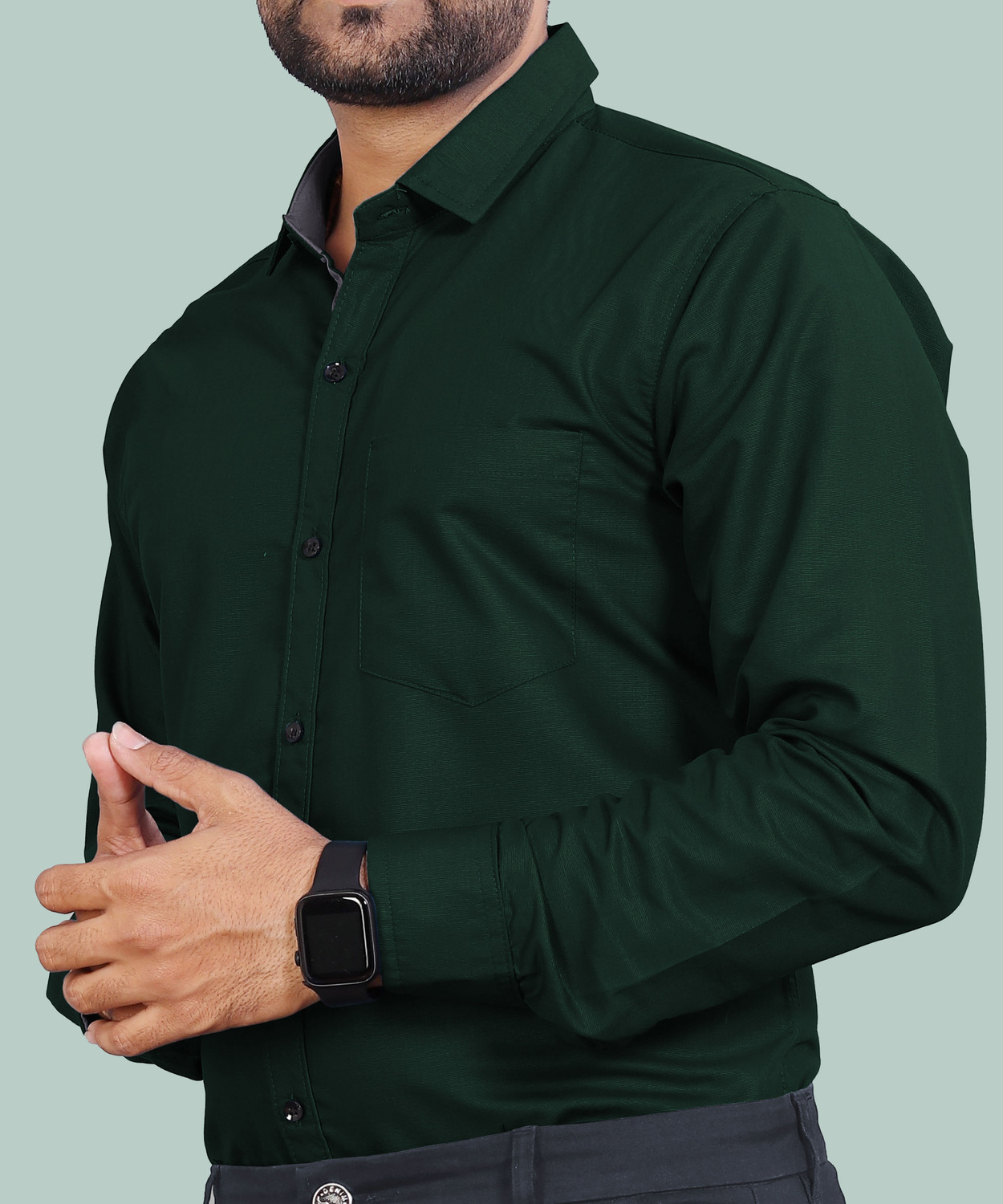 Image of VAAADDO Men Solid Casual Dark Green Shirt