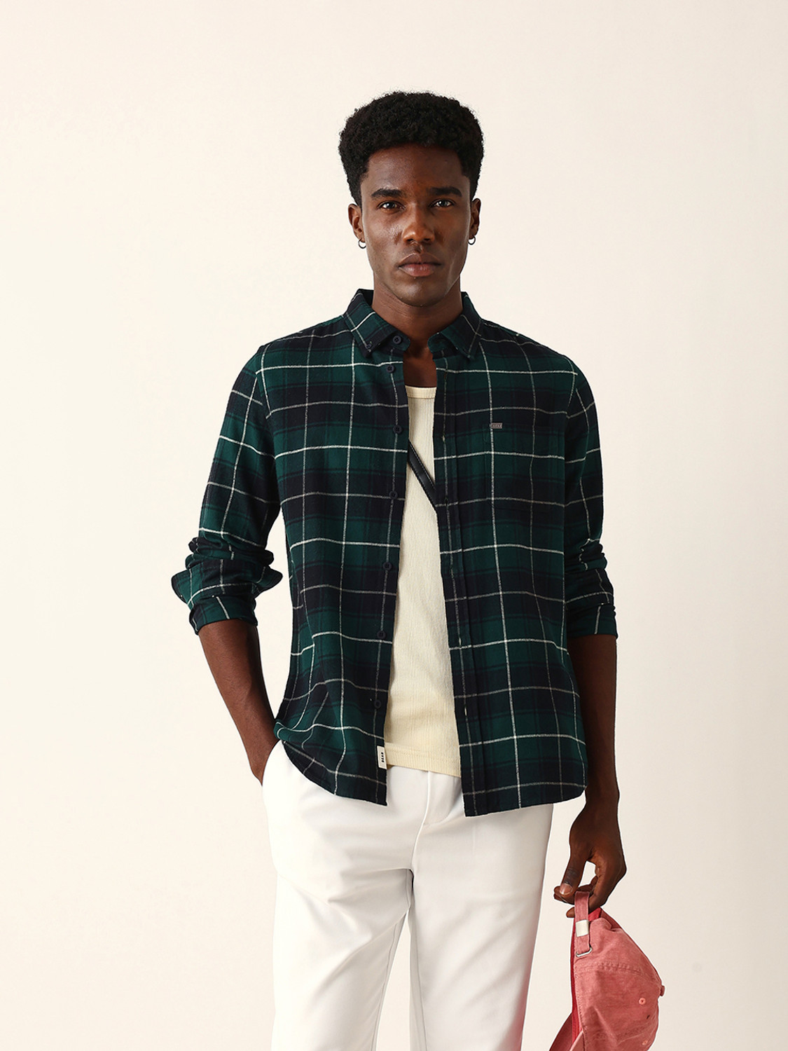 Image of THE BEAR HOUSE Men Checkered Casual Green Shirt