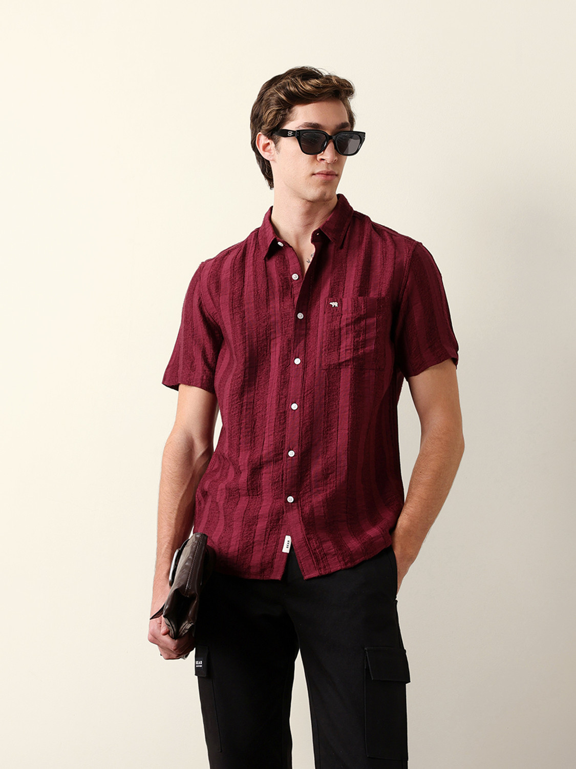 Image of THE BEAR HOUSE Men Striped Casual Brown Shirt