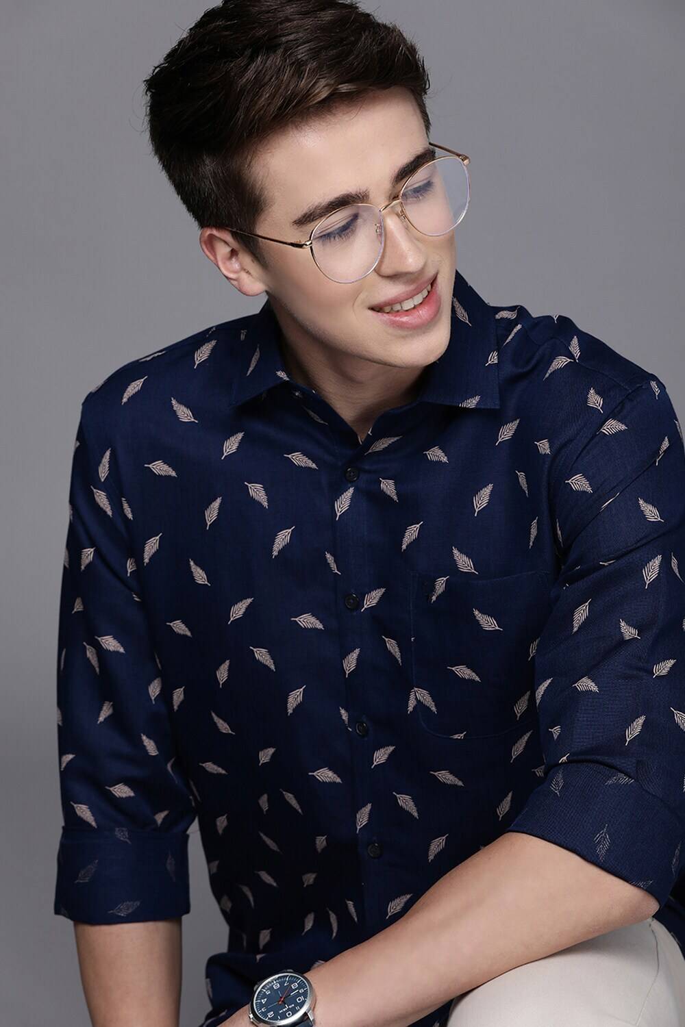 Allen Solly Men Printed Casual Dark Blue, White Shirt