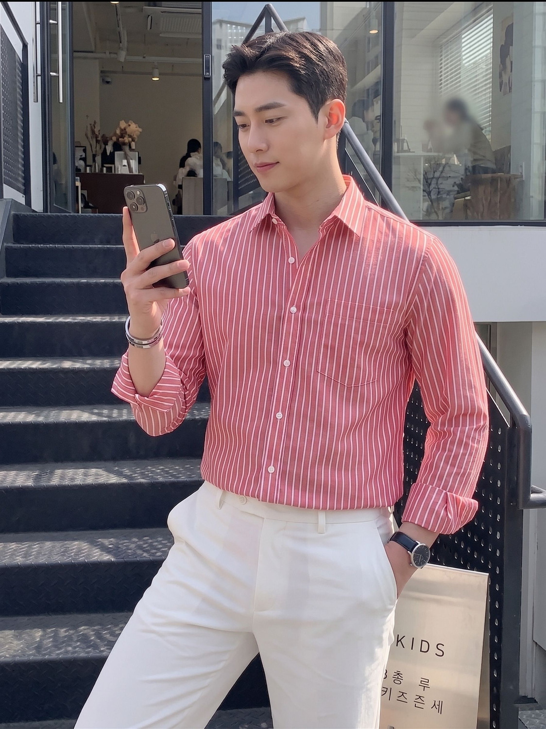 Image of indossare Men Striped Casual Pink Shirt