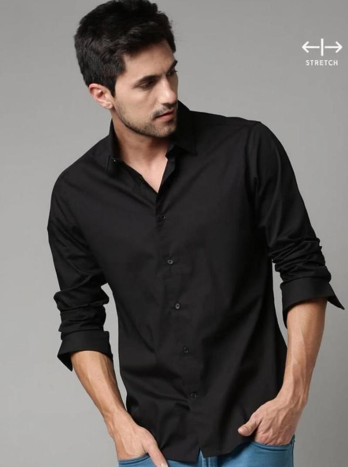Image of GLOREN Men Solid Casual Black Shirt