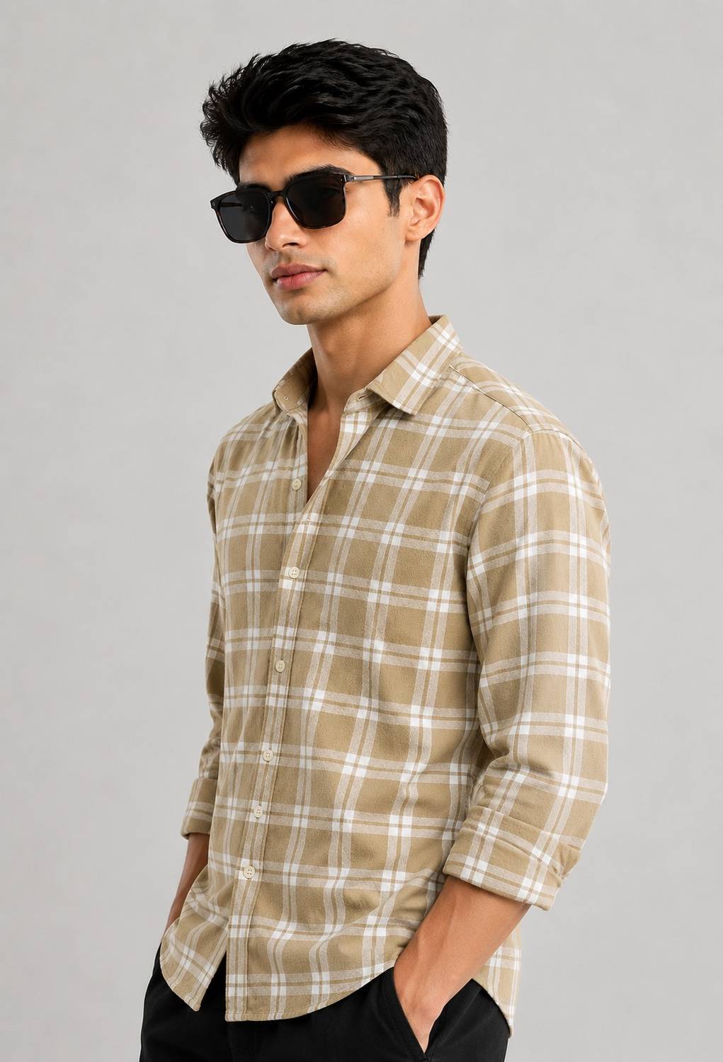 FUBAR Men Checkered Casual Beige Shirt - Image 4