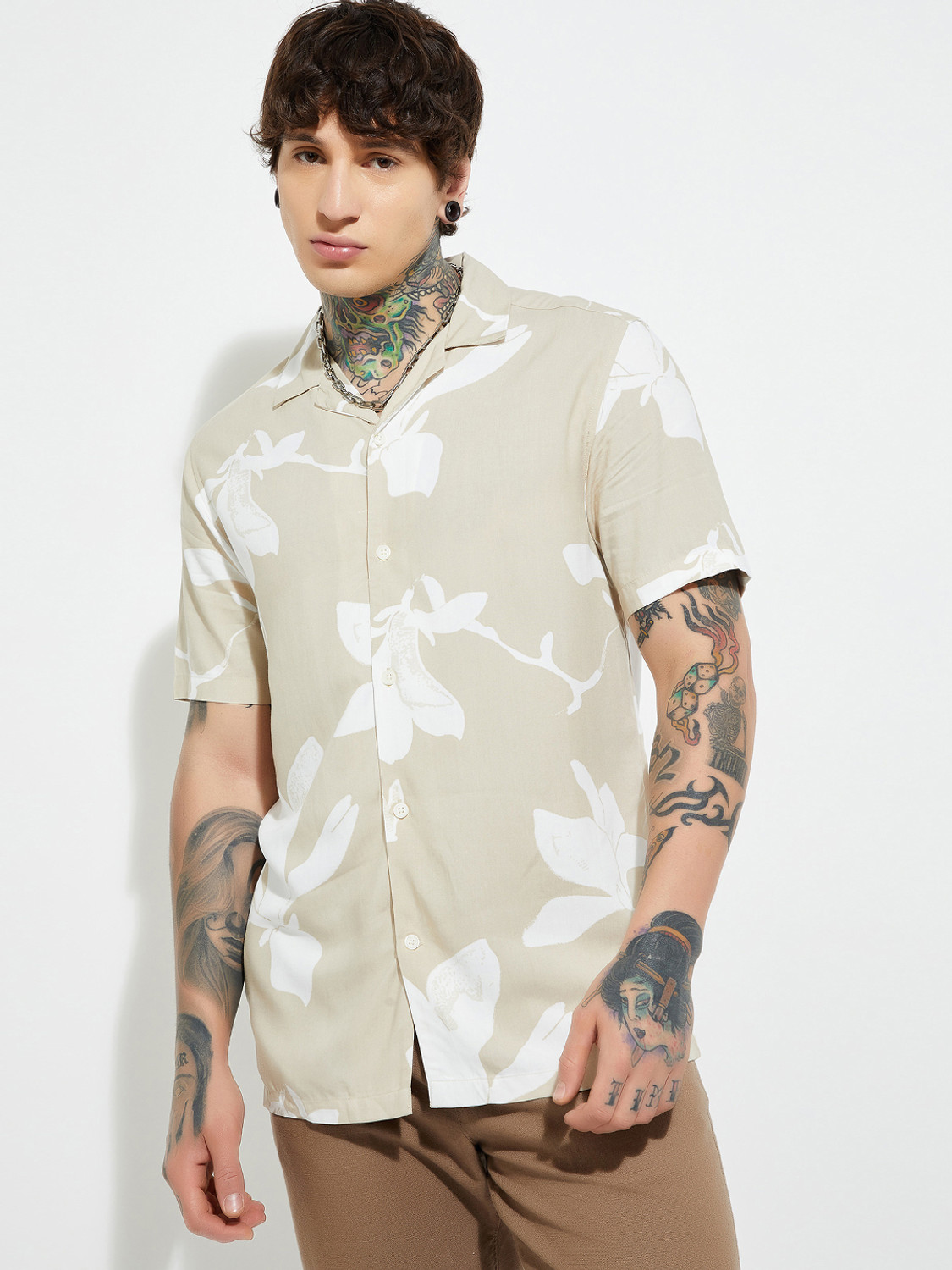 Image of MAX Men Printed Casual Beige Shirt