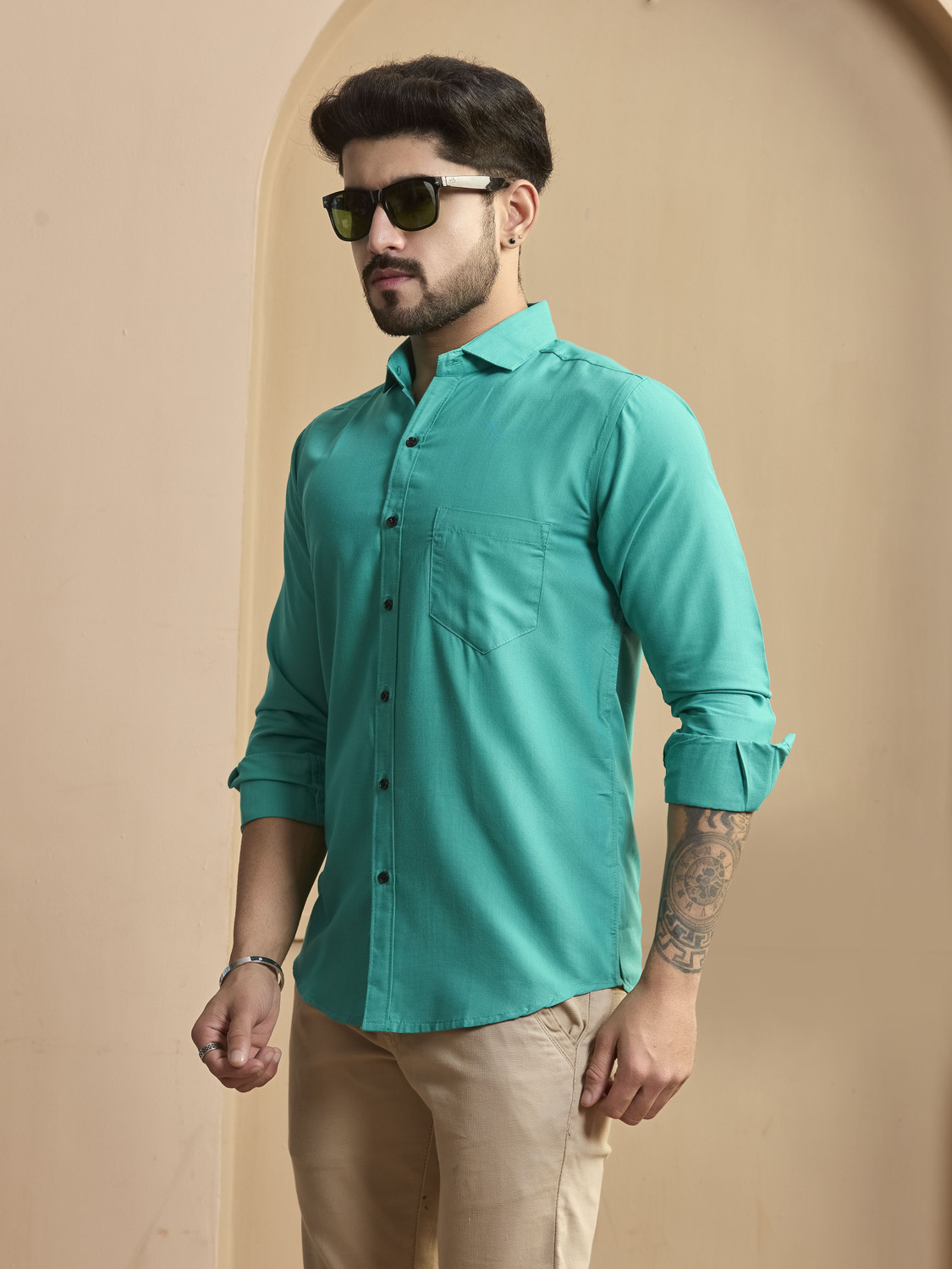Image of STONEBERG Men Solid Formal Light Green Shirt