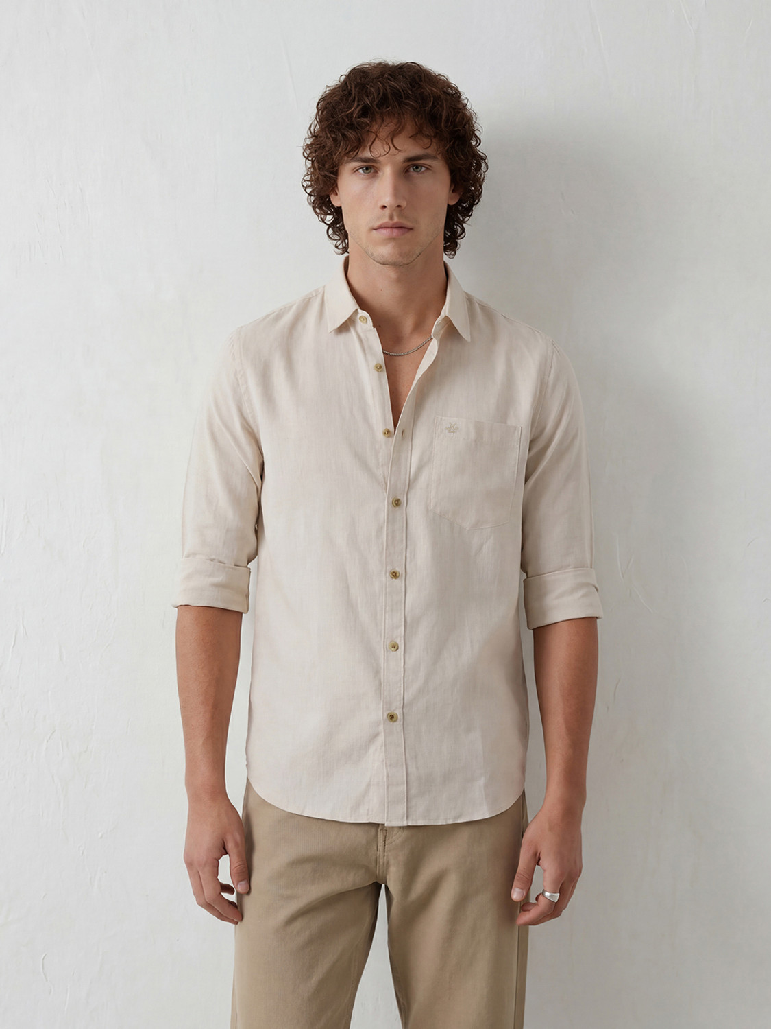 Image of WROGN Men Solid Casual Beige Shirt