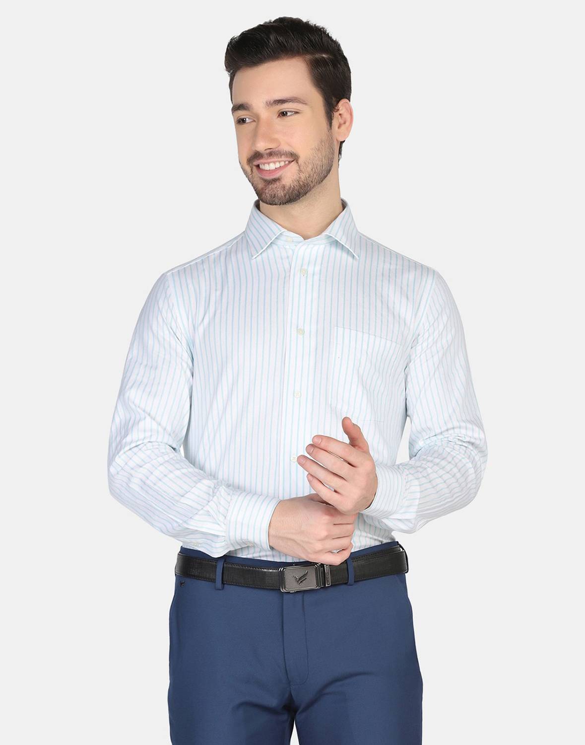 Blackberrys Men Striped Formal Blue Shirt