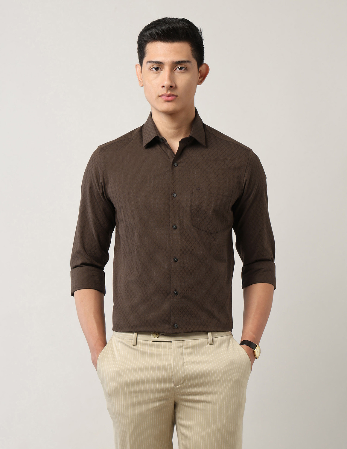 Image of ARROW Men Checkered Formal Brown Shirt