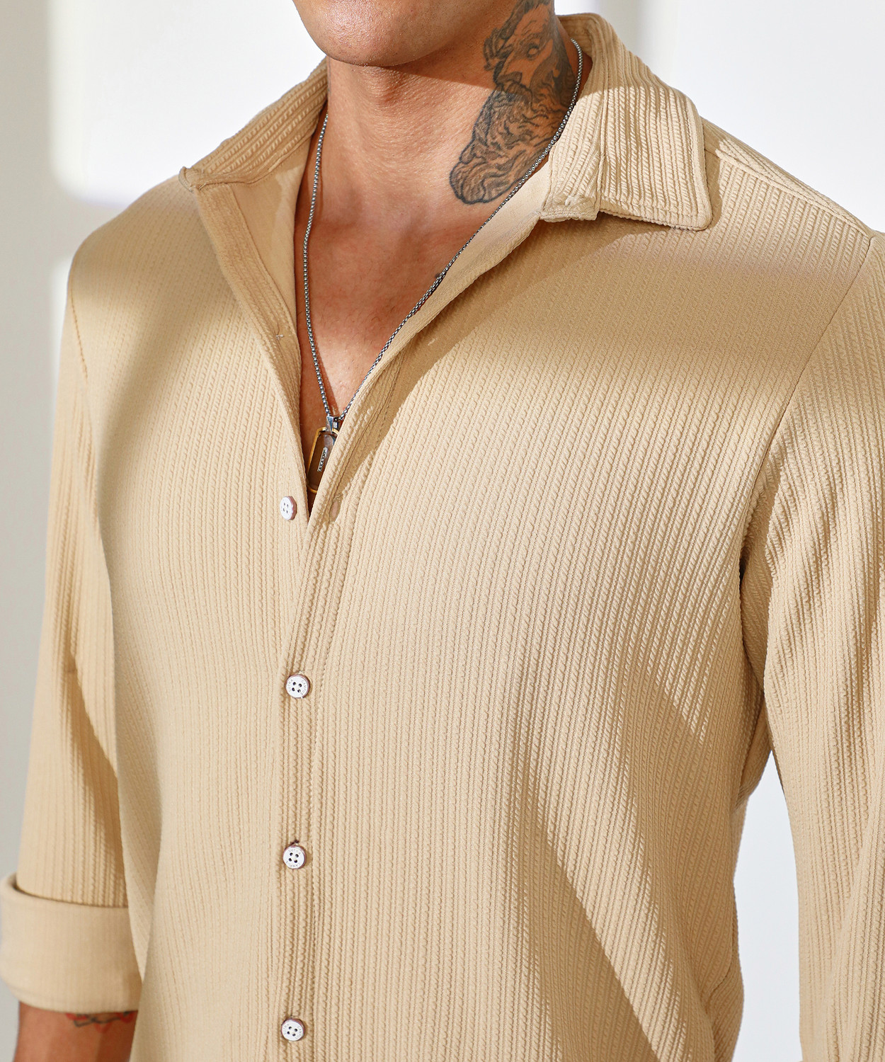 Image of CAMPUS SUTRA Men Solid Casual Beige Shirt