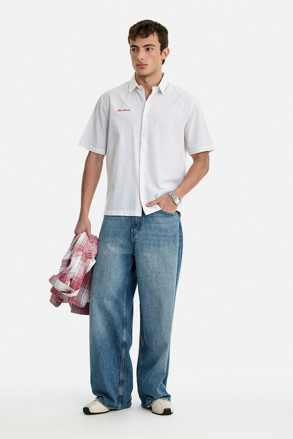 Image of Snitch Men Striped Casual White Shirt