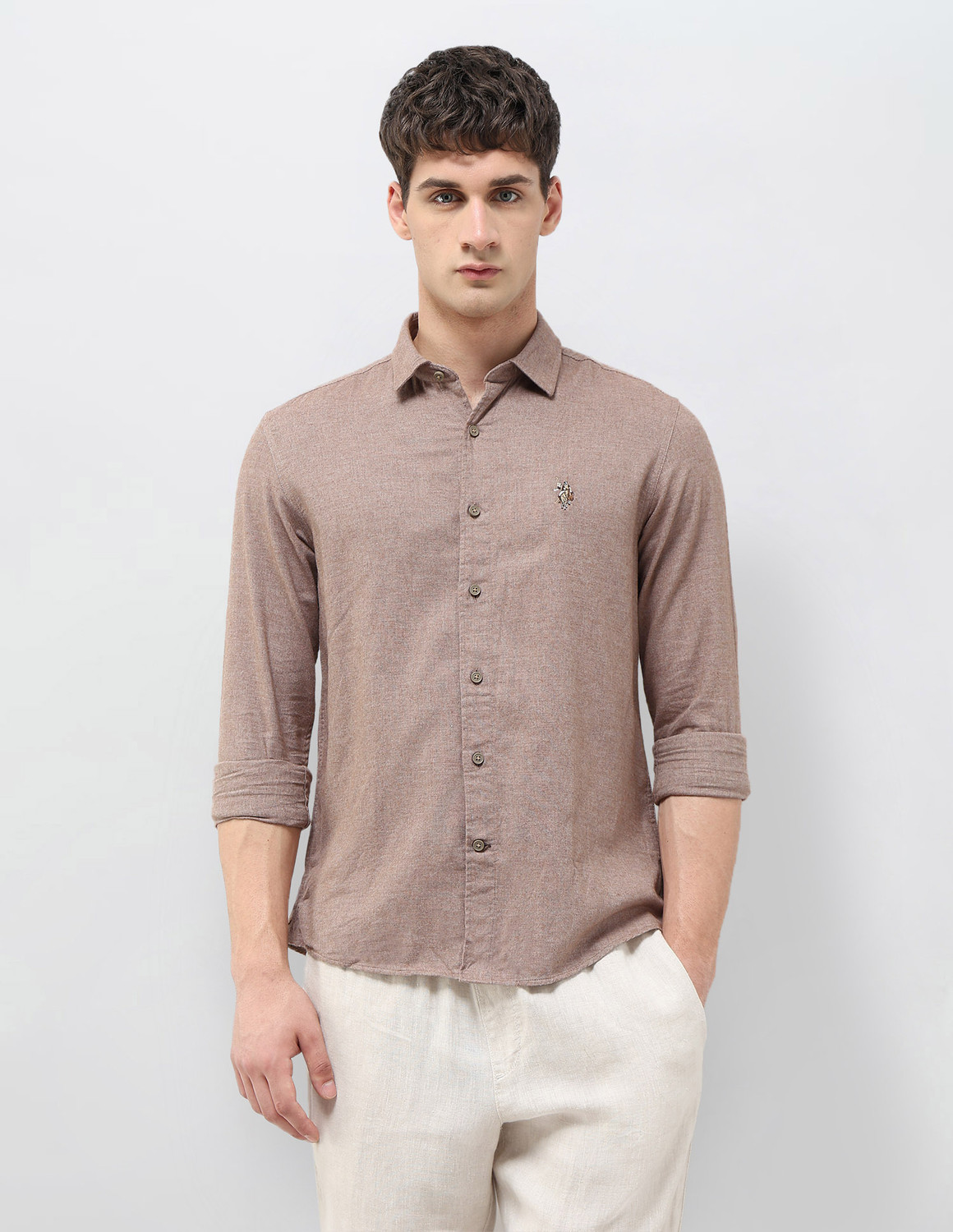 Image of U.S. Polo Assn. Denim Co. Men Solid Casual Brown Shirt