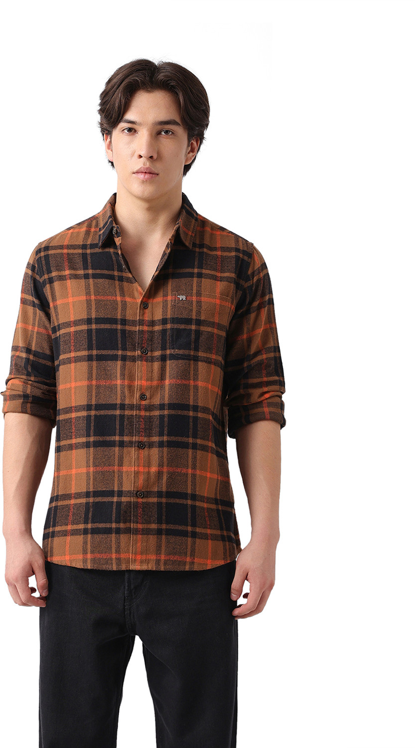 Image of THE BEAR HOUSE Men Checkered Casual Brown Shirt