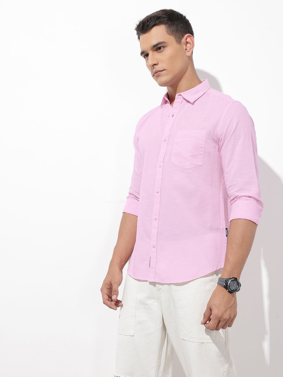 Image of Roadster Men Solid Casual Pink Shirt