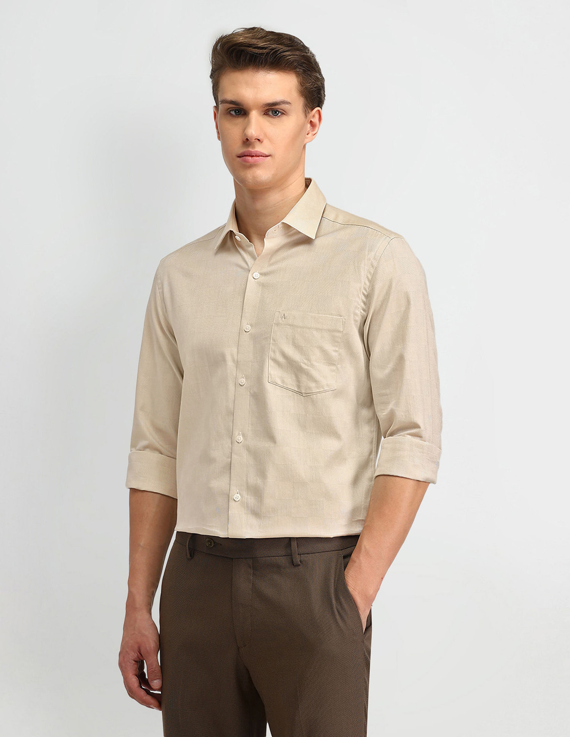 Image of ARROW Men Printed Formal Beige Shirt