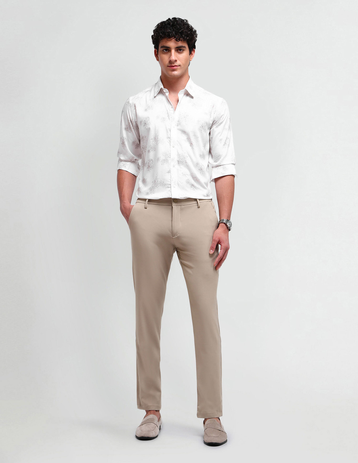 Image of ARROW Men Floral Print Formal White Shirt
