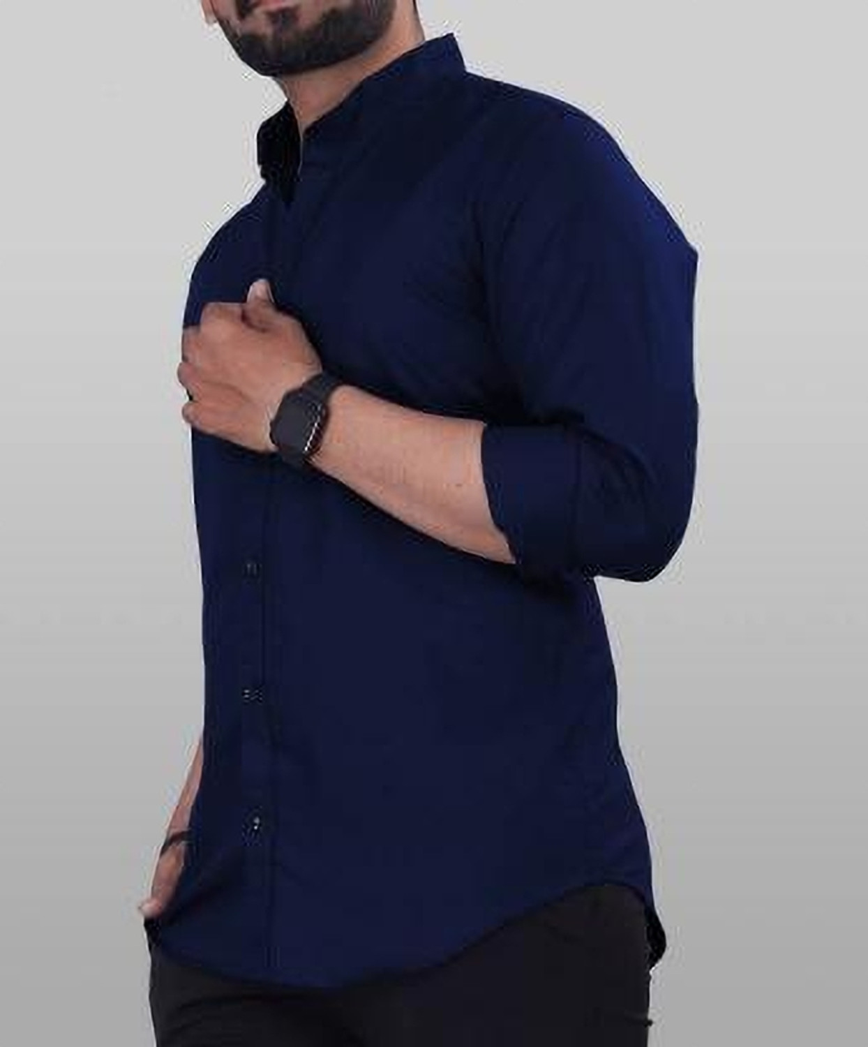Image of ANAND Men Solid Casual Dark Blue Shirt
