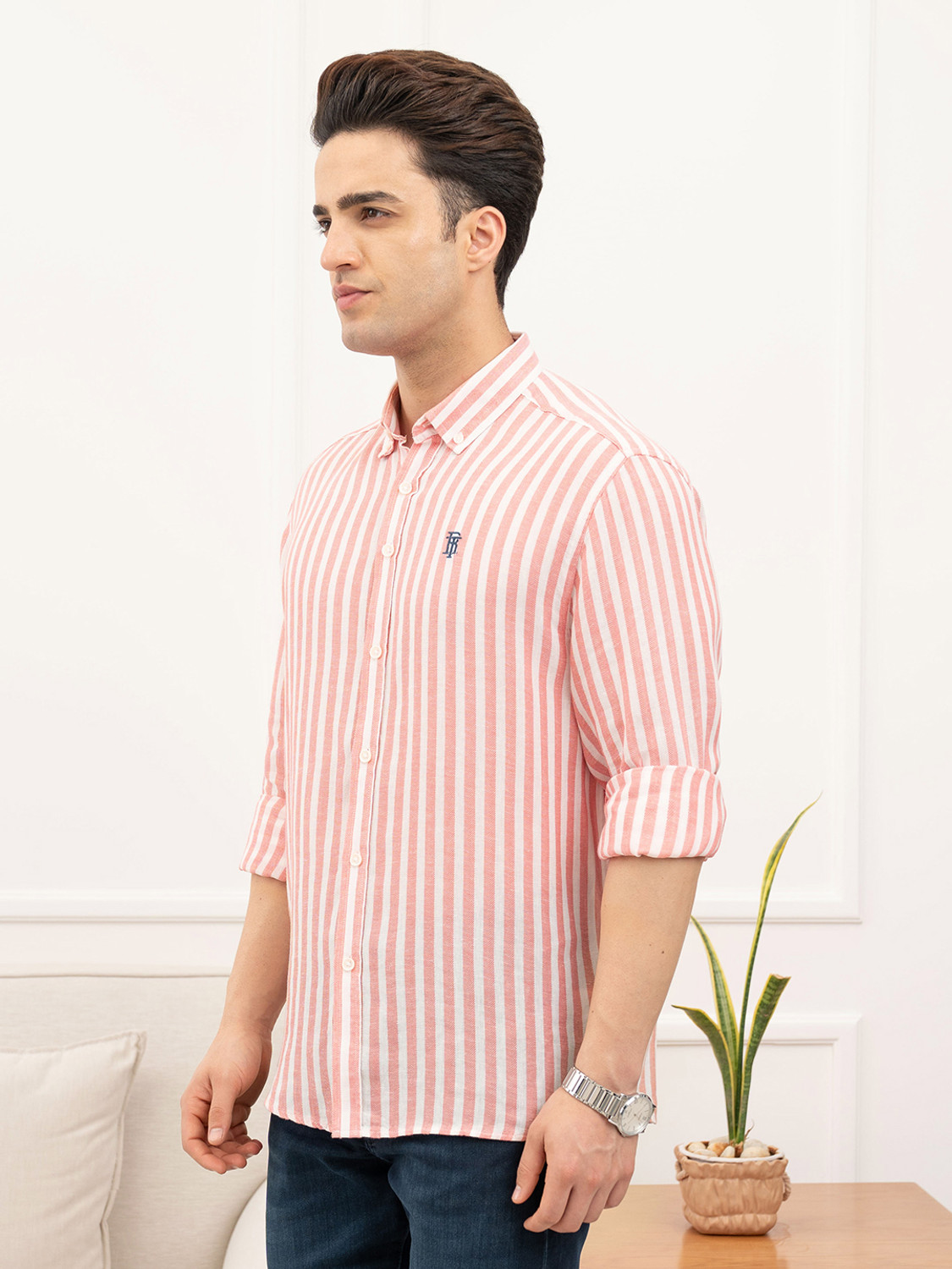 Image of RED TAPE Men Striped Casual Orange Shirt