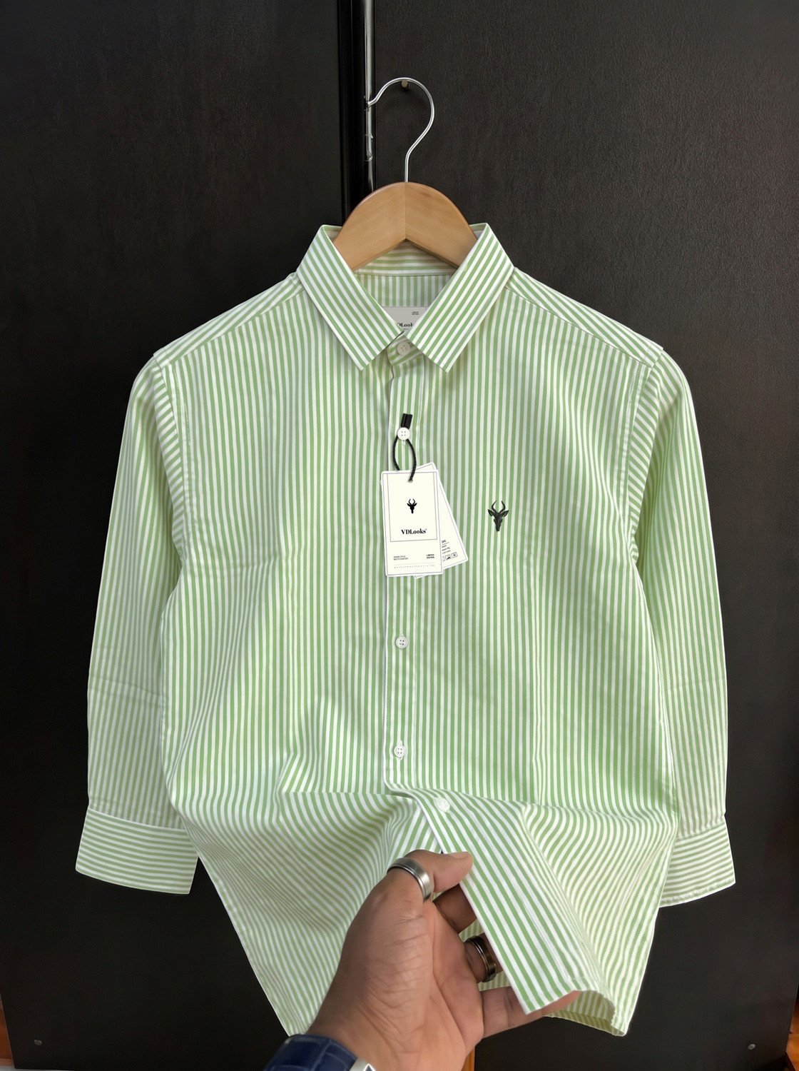 Image of VD Looks Men Striped Casual Green, White Shirt