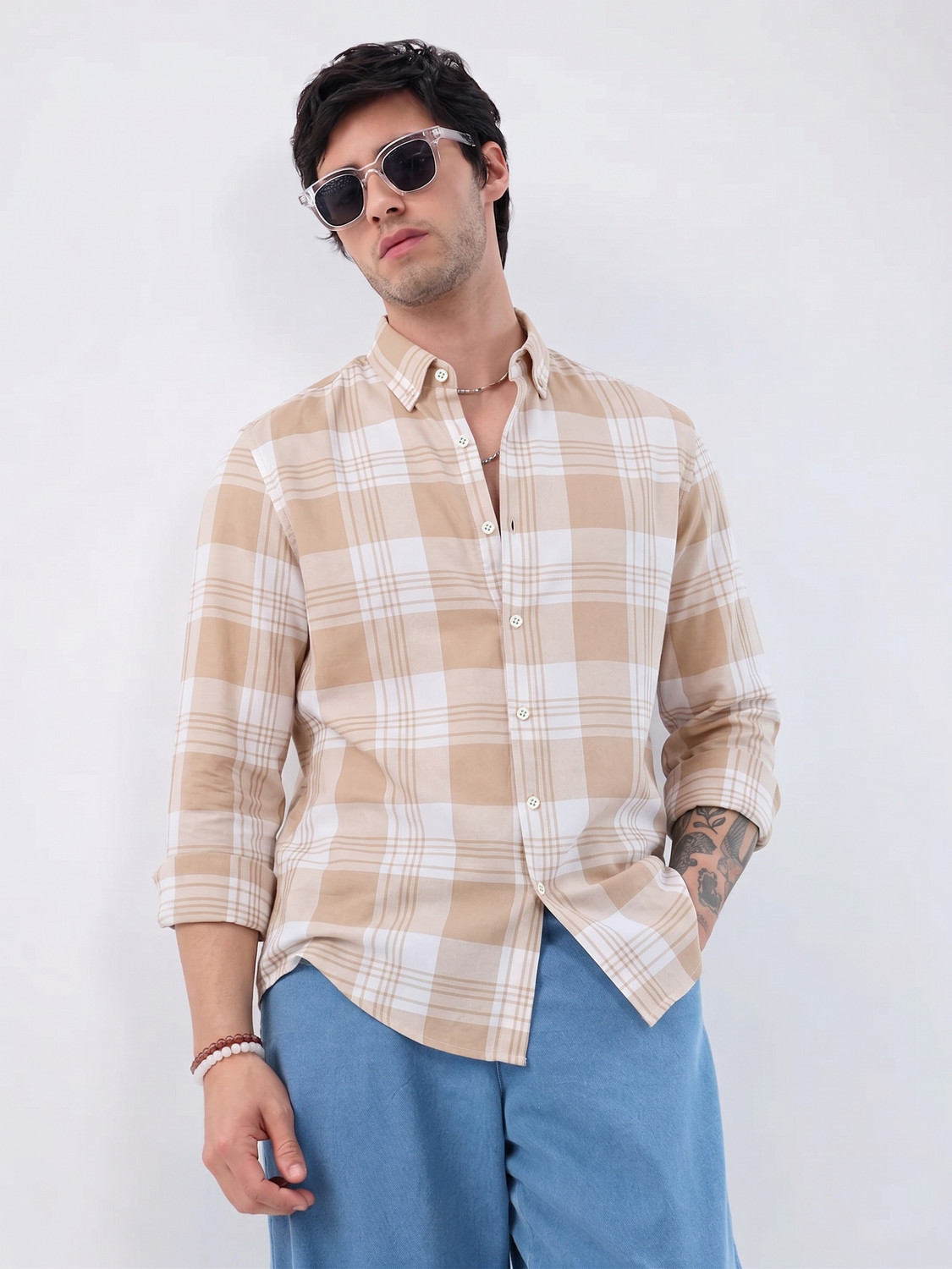 Image of S-LINE Men Checkered Casual Orange Shirt