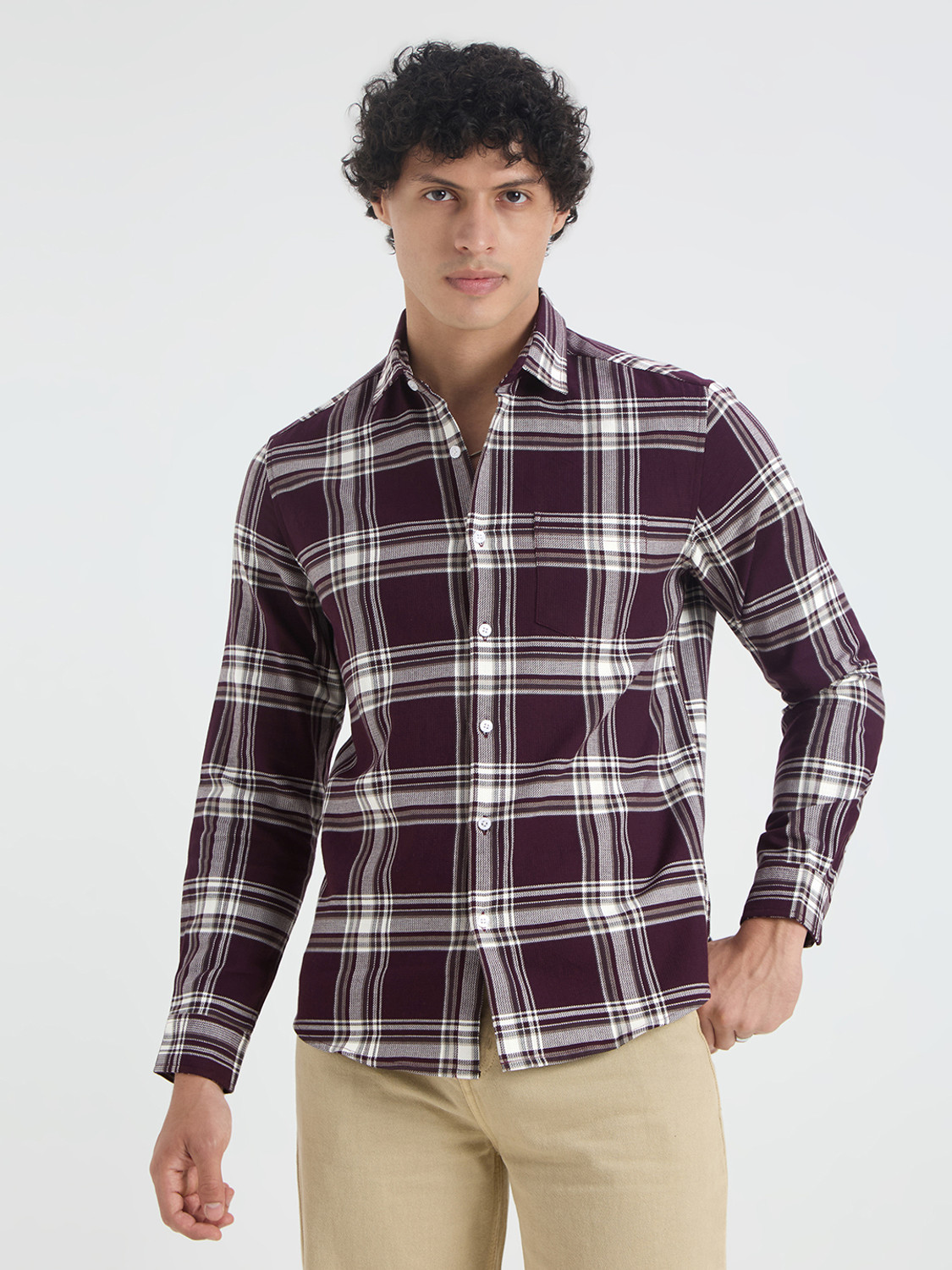 Image of VASTRADO Men Slim Fit Checkered Cut Away Collar Casual Shirt