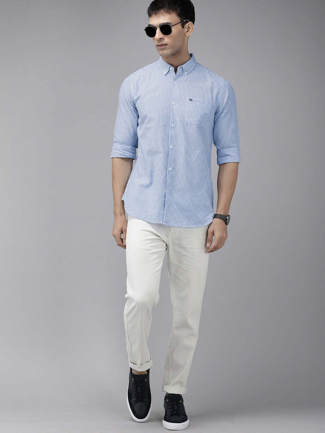 Image of THE BEAR HOUSE Men Striped Casual White, Light Blue Shirt