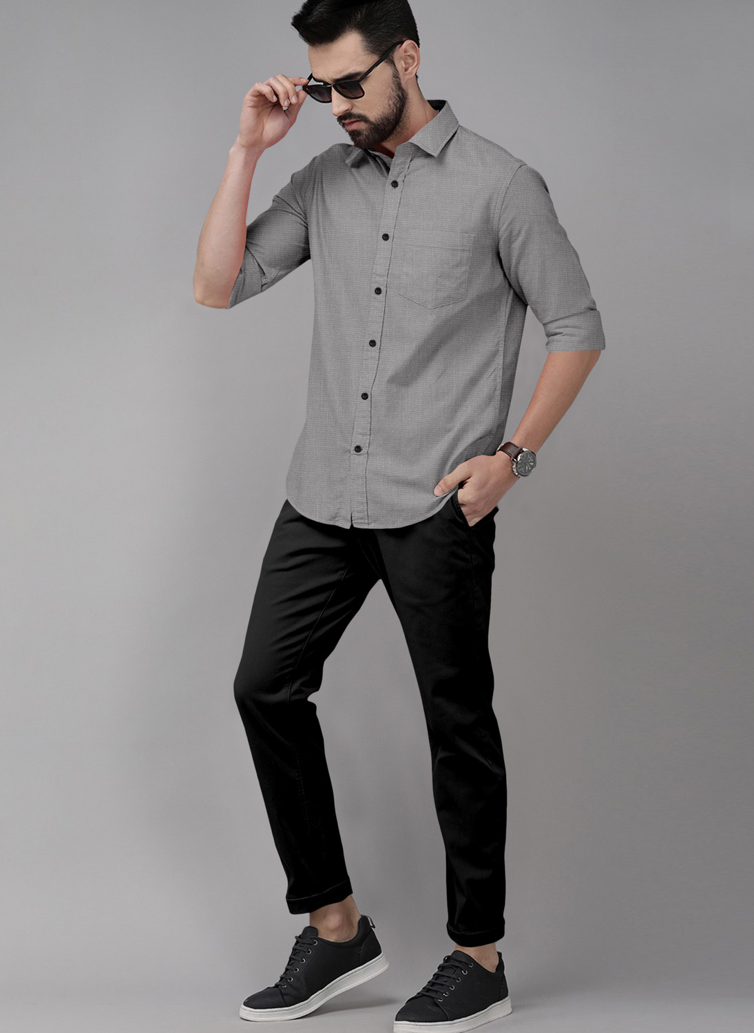 Image of MBF66 Men Solid Casual Grey Shirt
