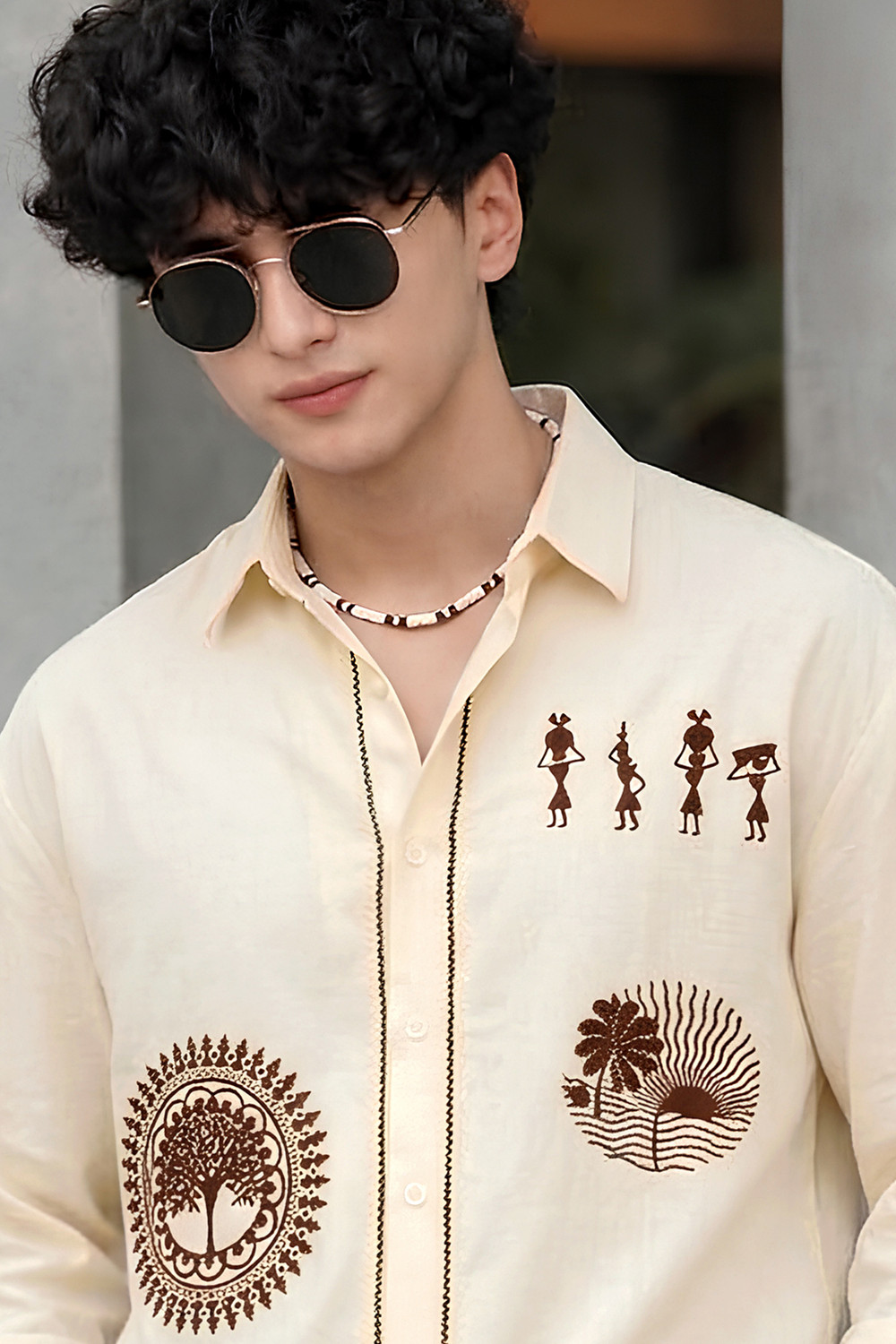 Image of Shree Sai Balaji Men Printed Casual Beige Shirt