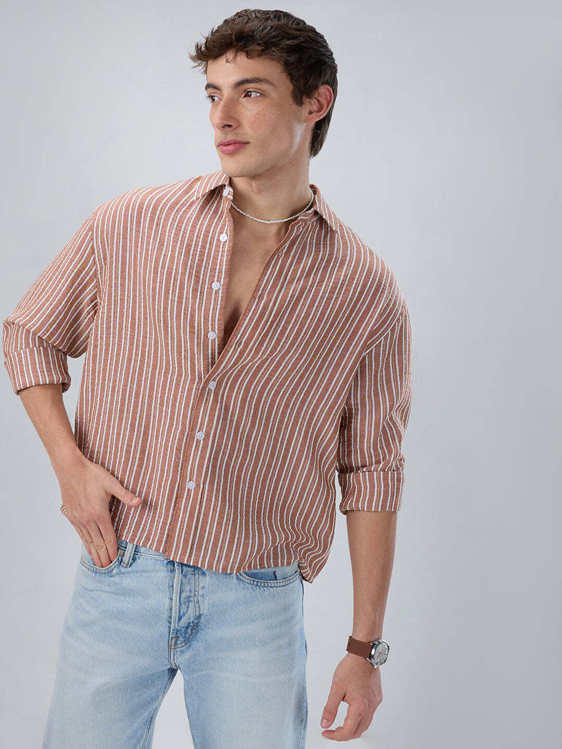 Image of VASTRADO Men Striped Casual Brown Shirt