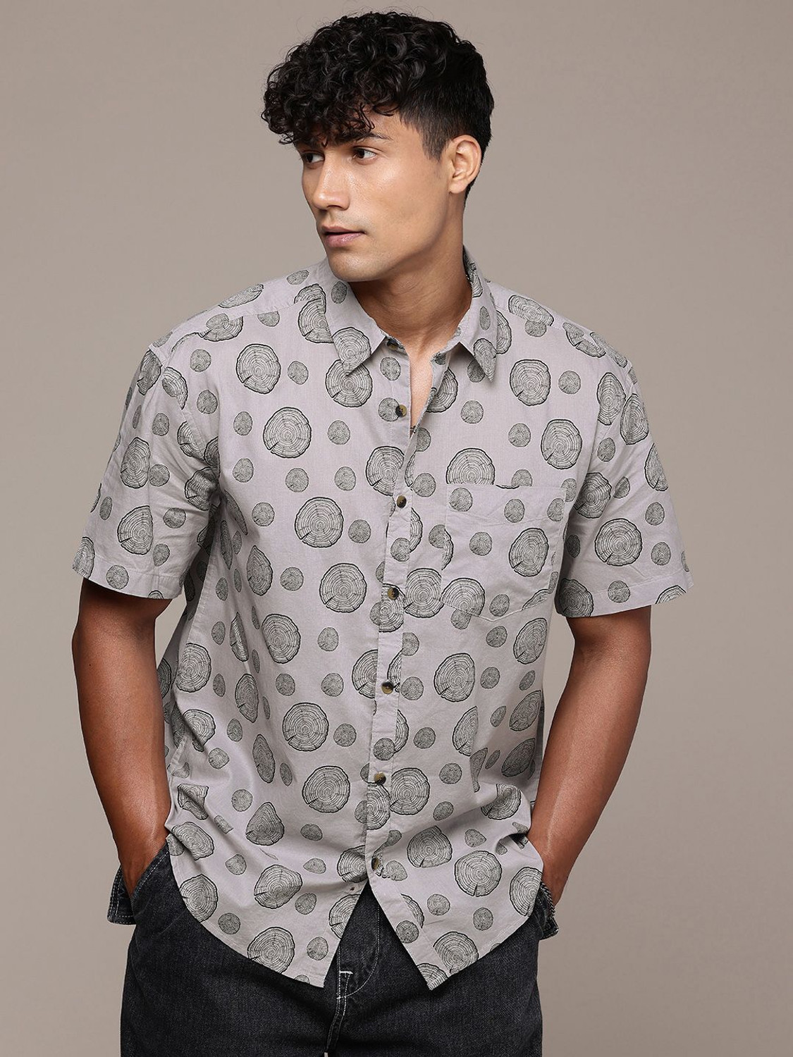 Image of Roadster Men Printed Casual Grey Shirt