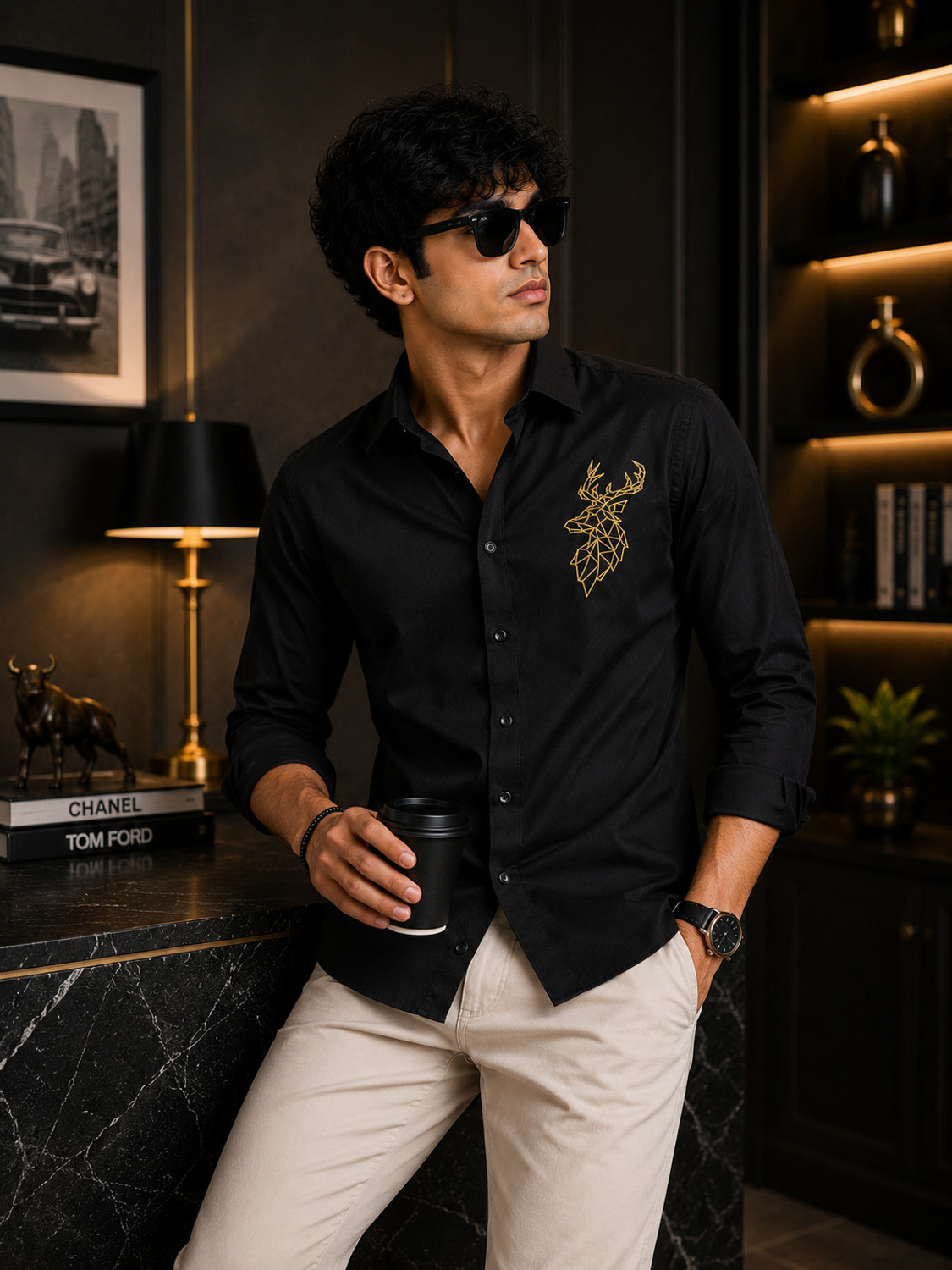 Image of METRONAUT Men Embroidered Casual Black Shirt