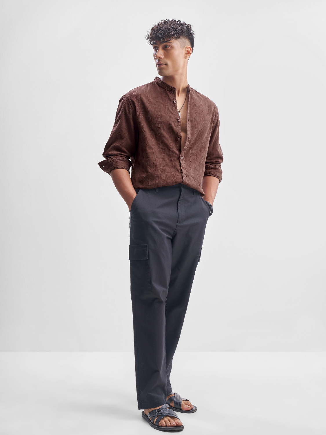 Image of HIGHLANDER Men Solid Casual Brown Shirt
