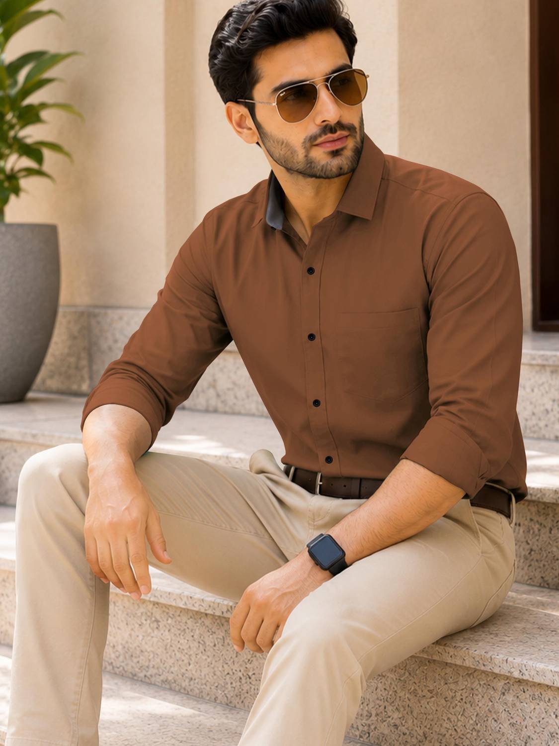 VeBNoR Men Solid Casual Brown Shirt - Image 4